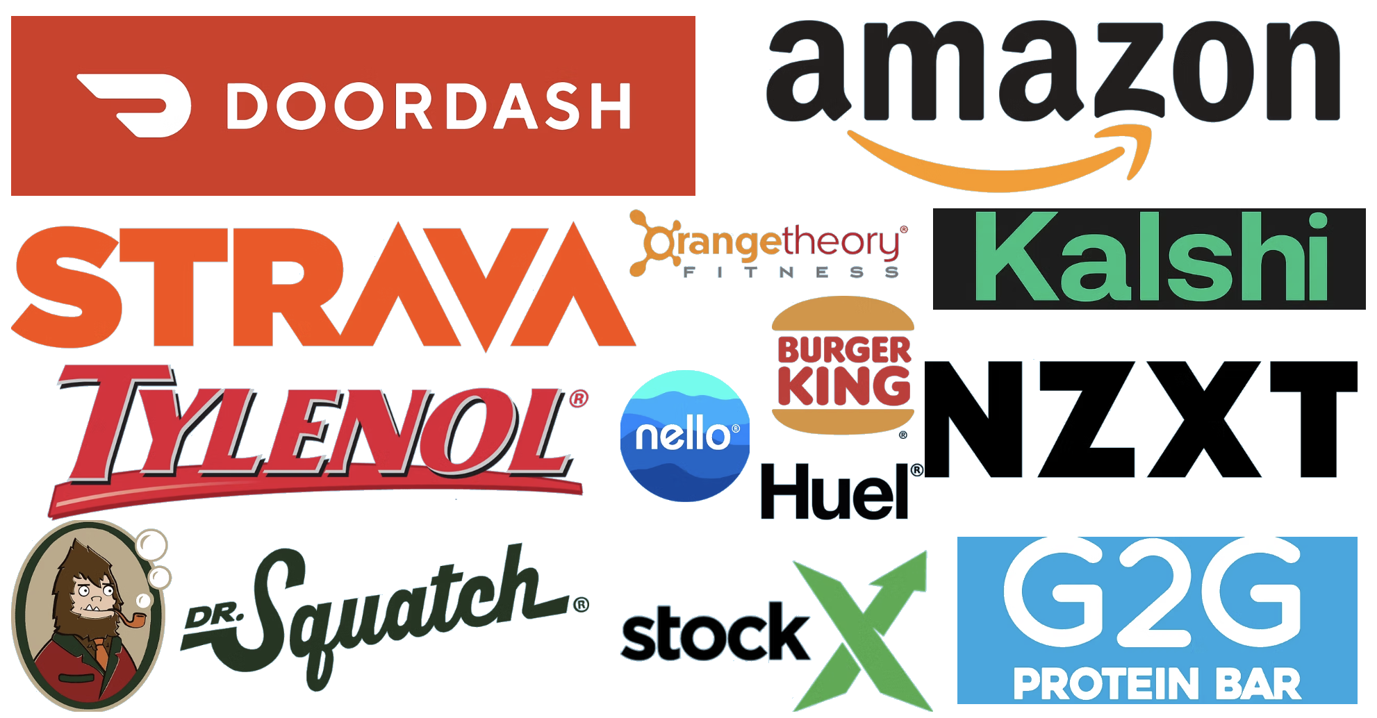 Brands: DoorDash, Amazon, Strava, Orangetheory, Kalshi, Burger King, NZXT, Tylenol, Nello, Huel, Dr. Squatch, StockX, G2G Protein Bar